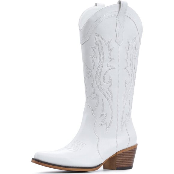 ⚡Women White Faux Leather Western Cowgirl Chunky Heel Mid Calf Snip Toe Boots - Picture 2 of 5
